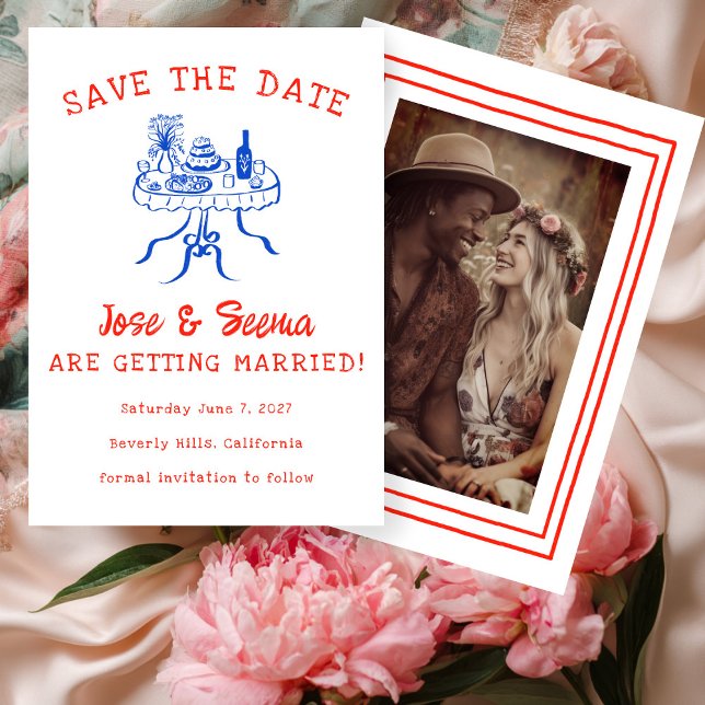Reserva La Fecha Mesa de cena bufé con mano de Personalizado lindo  (Buffet Dinner Table Hand Drawn Cute Custom Photo Save The Date
)