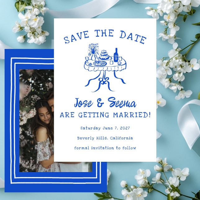 Reserva La Fecha Mesa de cena bufé con mano de Personalizado lindo  (Buffet Dinner Table Hand Drawn Cute Custom Photo Save The Date Card
)