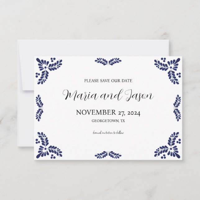 Reserva La Fecha Mexican Talavera Black Floral Minimalist Wedding (Anverso)