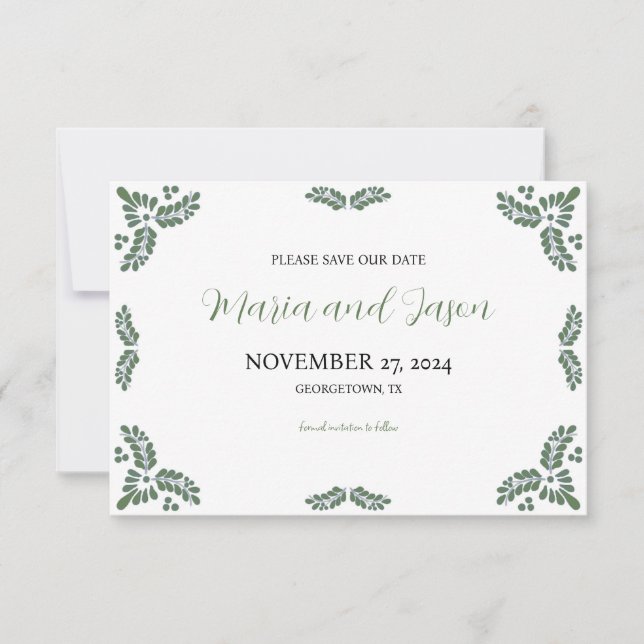Reserva La Fecha Mexican Talavera Green Floral Minimalist Wedding (Anverso)