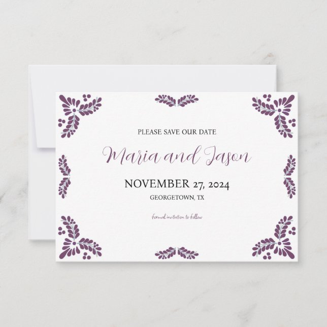 Reserva La Fecha Mexican Talavera Purple Floral Minimalist Wedding (Anverso)