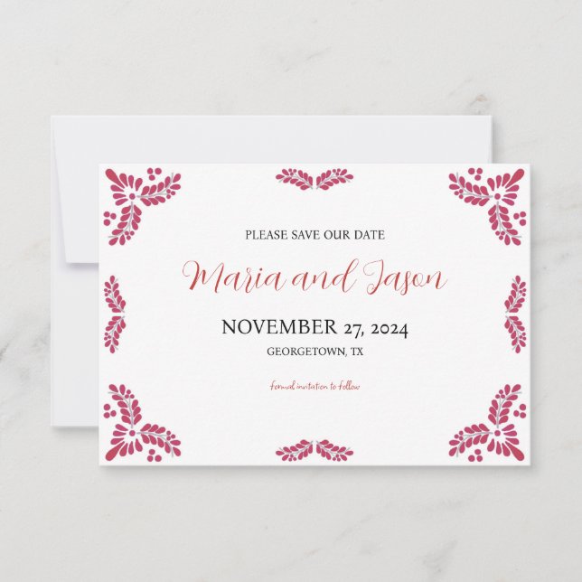 Reserva La Fecha Mexican Talavera Red Floral Minimalist Wedding (Anverso)