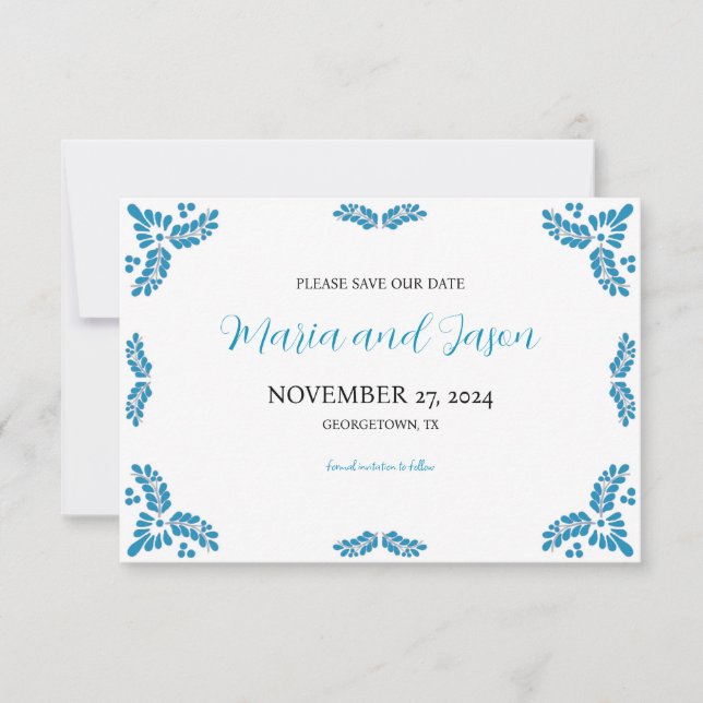 Reserva La Fecha Mexican Talavera Turquoise Minimalist Wedding (Anverso)