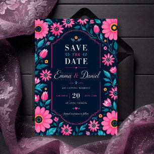 Reserva La Fecha Midnight Pink Floral Romantic Wildflower Elegant 