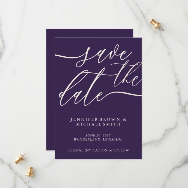 Reserva La Fecha Midnight Purple Save The Date Caligrafía (Anverso/Reverso In Situ)