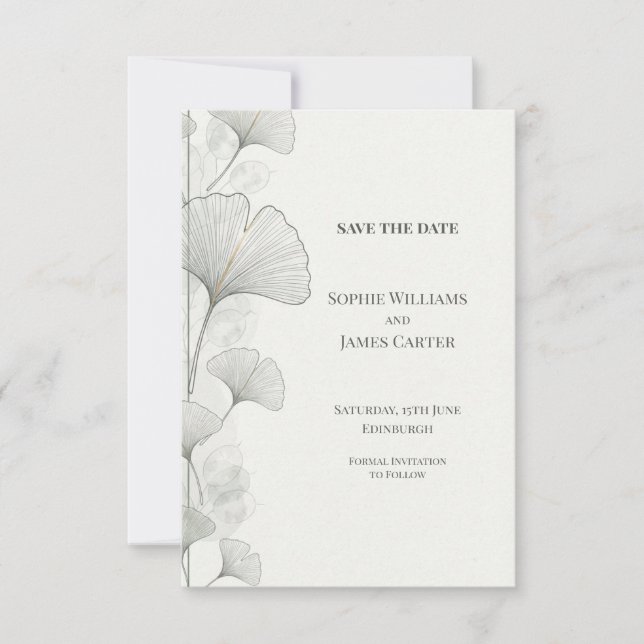 Reserva La Fecha Minimal Grey Ginkgo Boda Save the Date (Anverso)