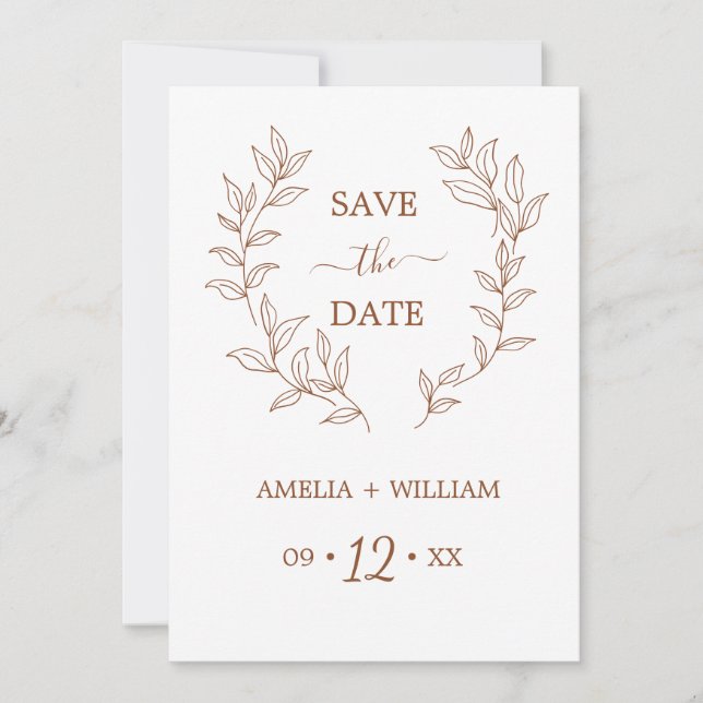 Reserva La Fecha Minimal Leaf Monograma Save the Date Boda  (Anverso)