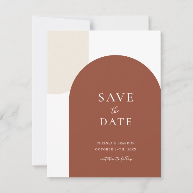 Reserva La Fecha Minimal Rustic Terracotta Boho Arch Script Wedding (Anverso)