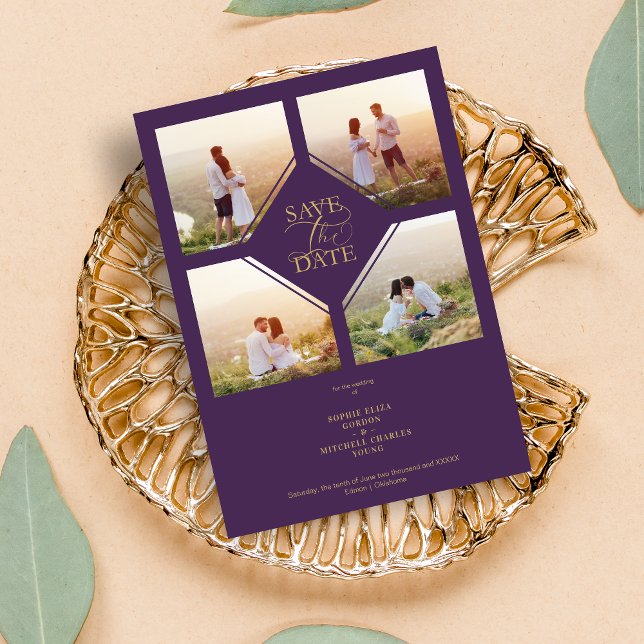 Reserva La Fecha Minimal Wedding Purple & Gold 4-Photos Collage (Minimal Wedding Purple & Gold 4-Photos Collage Save the date Card.)