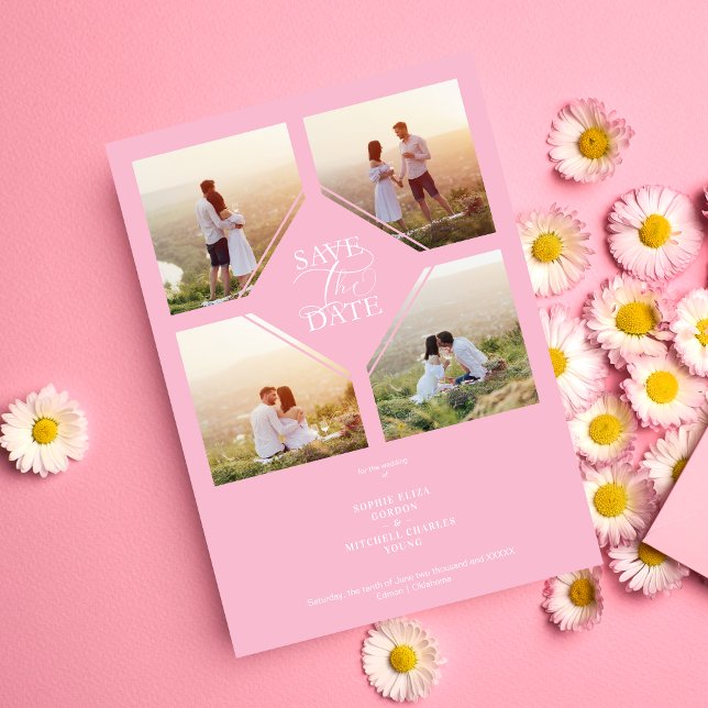 Reserva La Fecha Minimal Wedding Soft Blush Pink 4-Photos Collage (Minimal Wedding Soft Blush Pink 4-Photos Collage Save the Date Card.)