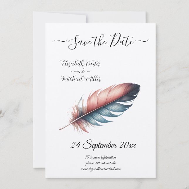 Reserva La Fecha Minimalismo Rosa Pluma Boda Elegante (Anverso)