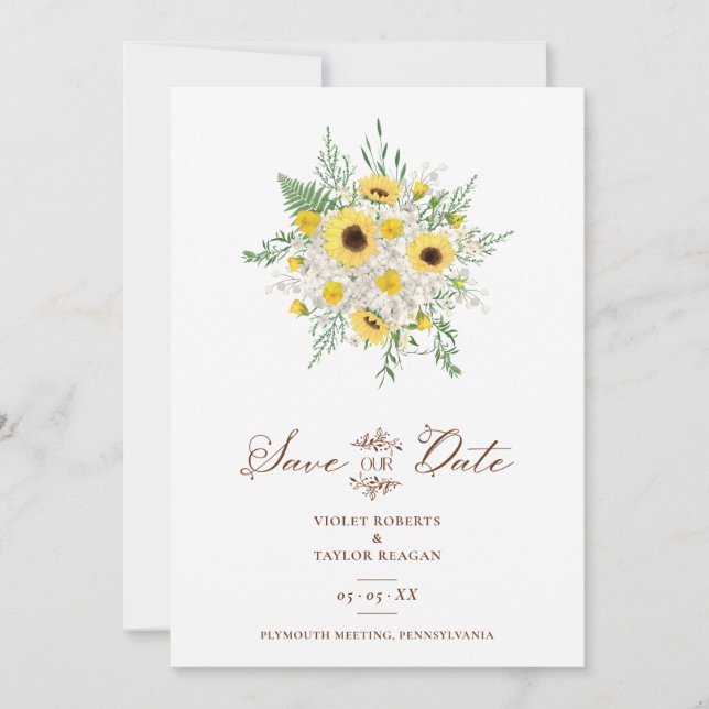Reserva La Fecha Minimalist Botanical Sunflowers Bouquet Wedding (Anverso)
