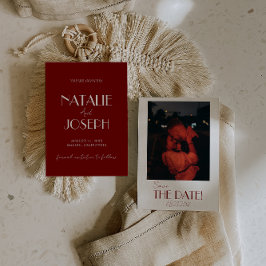 Reserva La Fecha Minimalist Burgundy Whimsical Retro Photo Wedding