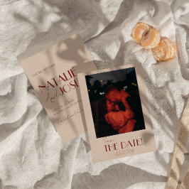 Reserva La Fecha Minimalist Deep Red Whimsical Retro Photo Wedding