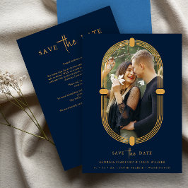 Reserva La Fecha Minimalist Navy Blue & Gold Vintage Oval Wedding