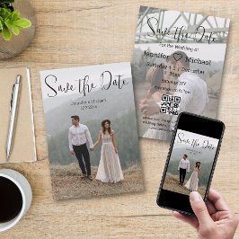 Reserva La Fecha minimalista caligrafía par 2 fotos código qr