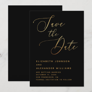 Reserva La Fecha Minimalista Script Negro y Dorado Boda Formal