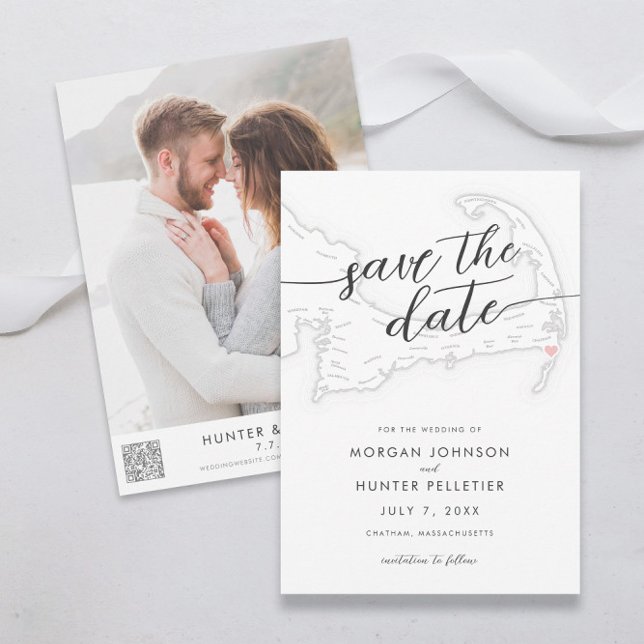 Reserva La Fecha Mínimo moderno Chatham Bars en el mapa (Chatham Bars Inn Wedding Save the Dates in minimal modern black and white from Coastal Map Designs)