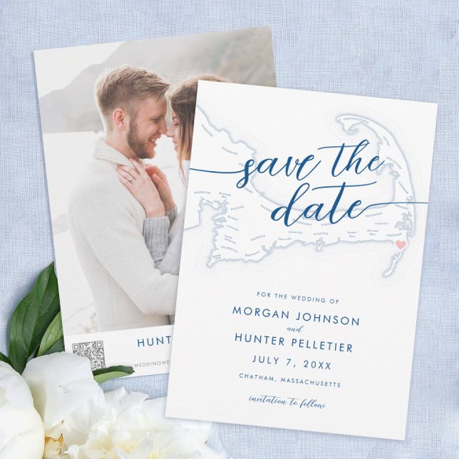 Reserva La Fecha Mínimo moderno Chatham Bars en el mapa (Chatham Bars Inn Wedding Save the Dates in minimal modern navy blue from Coastal Map Designs)