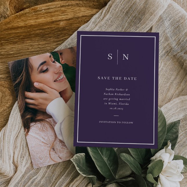 Reserva La Fecha Mínimo y Chic | Morado y Blanco con Foto (A colorful yet classic purple save the date card, with a photo of the two of you on the back)
