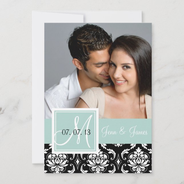 Reserva La Fecha Mint Green Black Damask Photo Save the Date (Anverso)