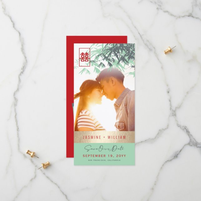 Reserva La Fecha Mint Green Zen Bamboo Leaves Photo Chinese Wedding (Anverso/Reverso In Situ)