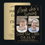 Reserva La Fecha Mira quién es 55 Black & Gold 2 Photo Birthday Par<br><div class="desc">¡Mira quién cumple 55 años! Invitar a la familia y amigos a una próxima celebración de 55 años con una foto del personalizado para guardar las invitaciones de la fiesta. Las imágenes y la redacción de esta plantilla son fáciles de personalizar. (IMAGEN PLACEMENT TIP: Una manera fácil de posicionar una...</div>