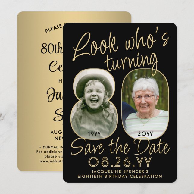 Reserva La Fecha Mira quién es 80 Black & Gold 2 Photo Birthday Par (Anverso / Reverso)