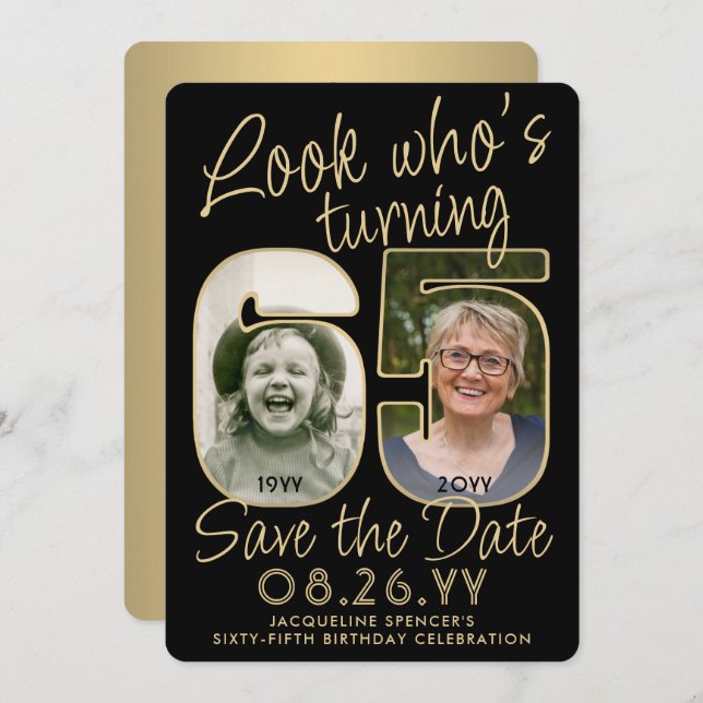 Reserva La Fecha Mira quién es el 65 Black & Gold 2 Photo Birthday  (Anverso / Reverso)