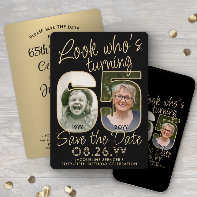 Reserva La Fecha Mira quién es el 65 Black & Gold 2 Photo Birthday  (Subido por el creador)