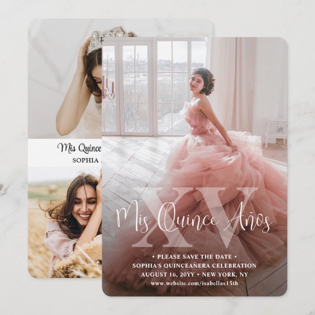 Reserva La Fecha Mis XV Quinceañera moderna 4 Foto 15º cumpleaños (Anverso / Reverso)