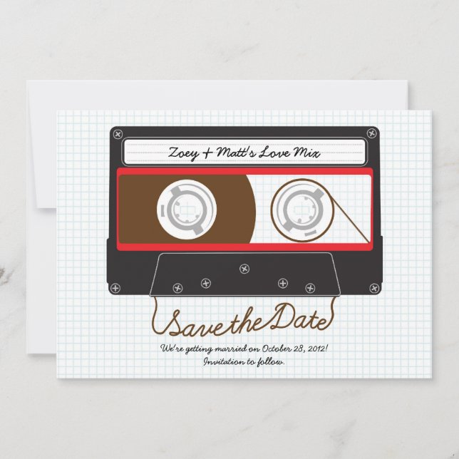 Reserva La Fecha Mixtape Retro Indie Boda Rojo, Negro y Blanco (Anverso)