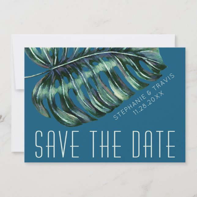 Reserva La Fecha Mod Monstera Leaf Green y Moody Blue Boda (Anverso)