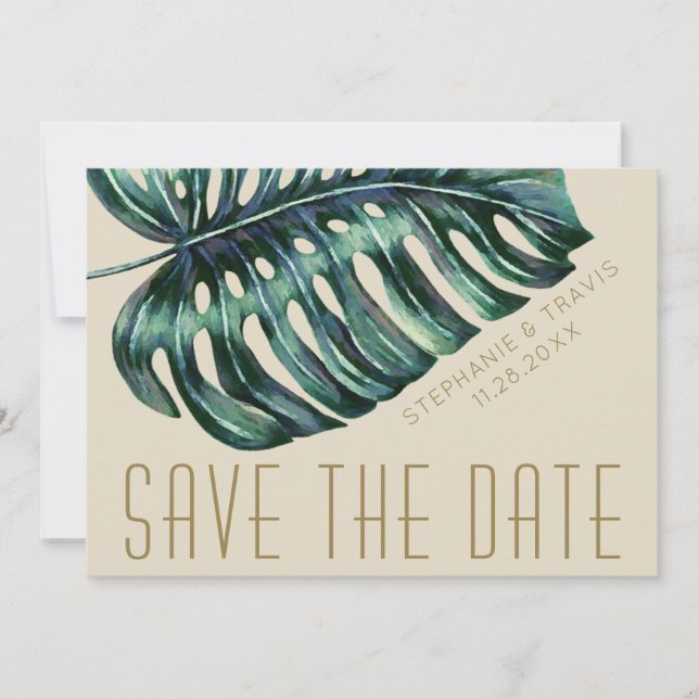 Reserva La Fecha Mod Monstera Leaf Green y Tan Boda (Anverso)
