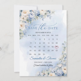 Reserva La Fecha Moda acuarela flores azules calendario eucalipto