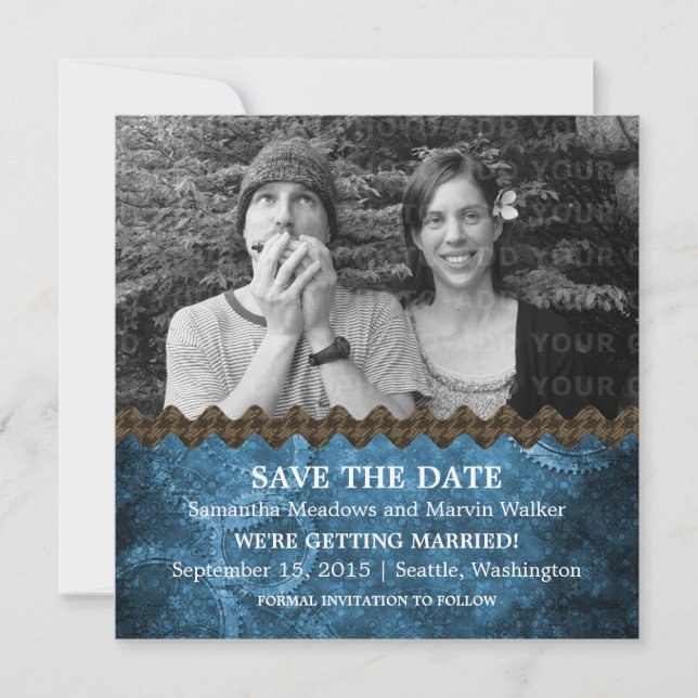 Reserva La Fecha Moda azul Steampunk Photo Save the Date Invite (Anverso)