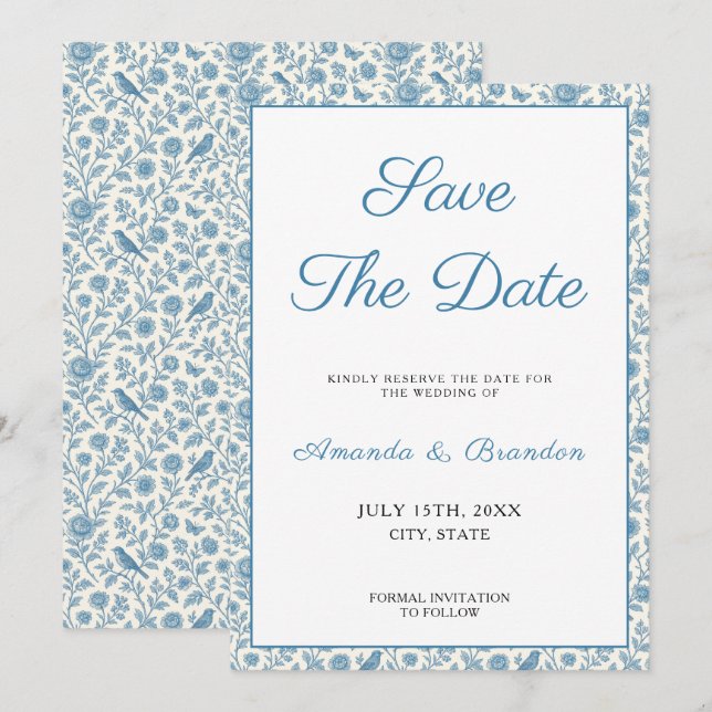 Reserva La Fecha Moda Boda de la frontera floral Blue Toile de Jouy (Anverso / Reverso)