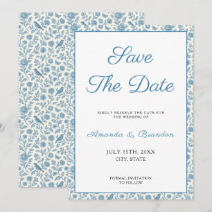 Reserva La Fecha Moda Boda de la frontera floral Blue Toile de Jouy