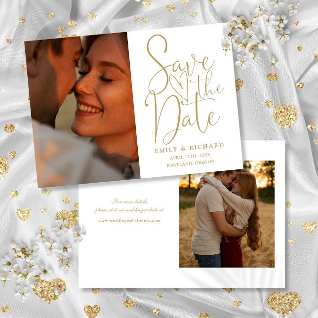 Reserva La Fecha Moda Boda de oro 2 Foto Elegante Guión (Chic Gold Wedding 2 Photo Elegant Script Save The Date)