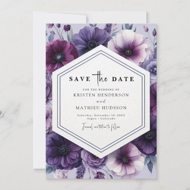 Reserva La Fecha Moda Boda romántico morado floral (Anverso)