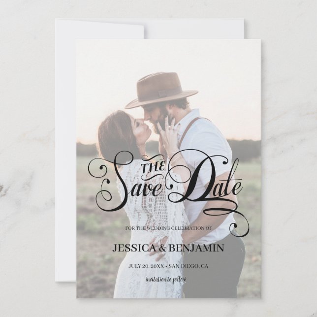 Reserva La Fecha Moda Caligrafía Faux Vellum Efecto Boda fotográfic (Anverso)