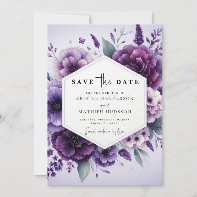 Reserva La Fecha Moda Digital Purple Floral Boda (Anverso)