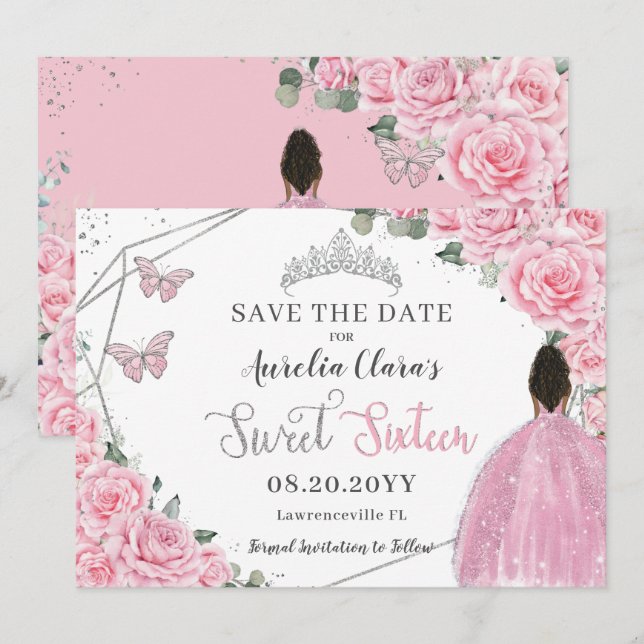 Reserva La Fecha Moda Dulce Floral Rosa Dieciséis Princesa Marrón (Anverso / Reverso)