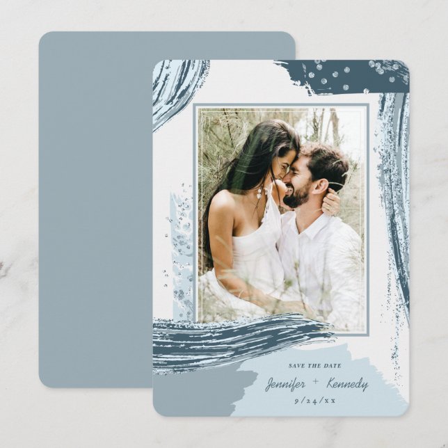 Reserva La Fecha Moda Dusty Blue Abstract Pincel de pintura Strokes (Anverso / Reverso)