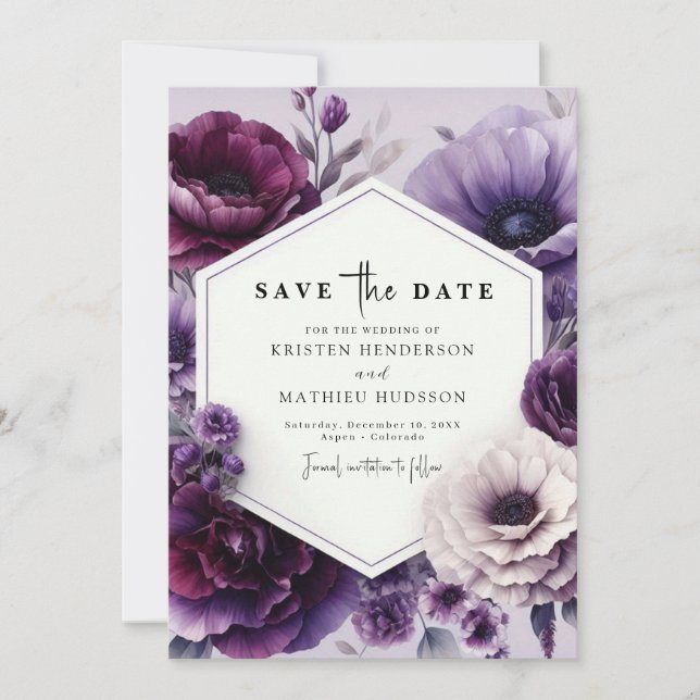 Reserva La Fecha Moda editable Boda Purple Floral (Anverso)