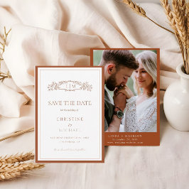 Reserva La Fecha Moda escudo botánico de terracota boda