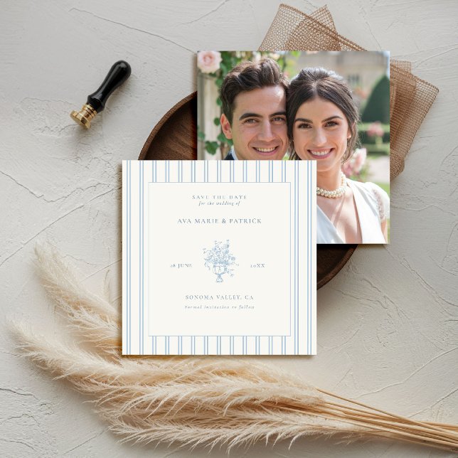 Reserva La Fecha Moda Estable Blue Stripes Floral Vase Photo Boda (elegant wedding save the date photo template chateau estate garden destination blue periwinkle)