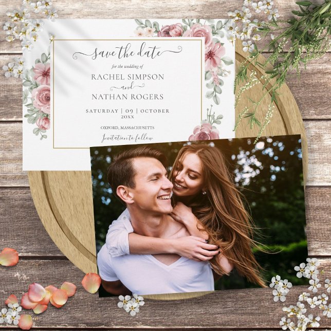 Reserva La Fecha Moda Floral Dusty Rosa Boda de fotografía (Chic Floral Dusty Rose Photo Wedding Save The Date)