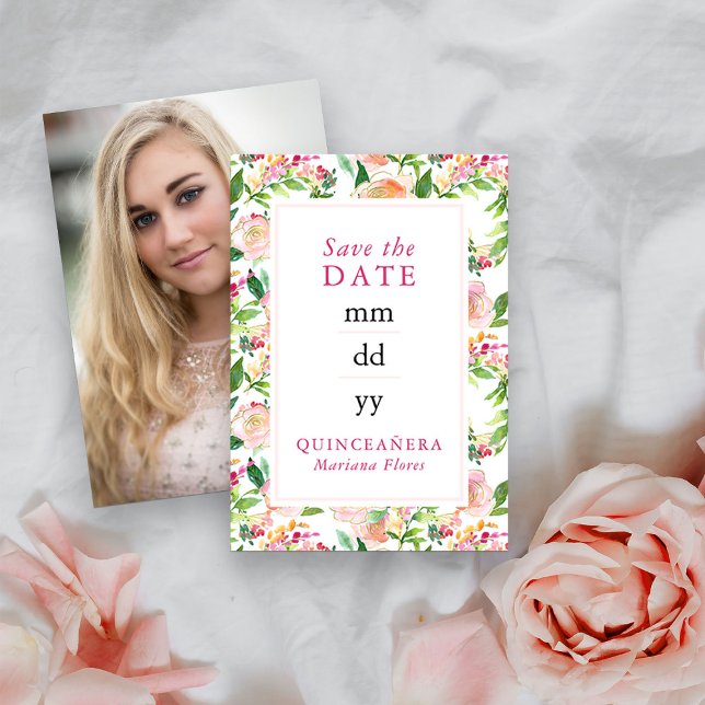 Reserva La Fecha Moda floral Oro rosa Editable Quinceanera Foto (Photo Save the Date from my Floral Chic Quinceanera Collection
)