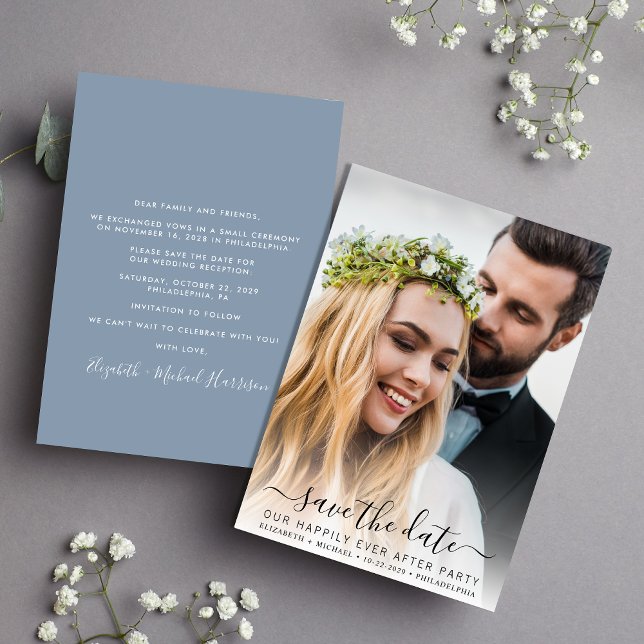 Reserva La Fecha Moda Foto Dusty Blue Wedding Recepcion (A stylish save the date announcement for a reception to celebrate your elopement or private wedding )